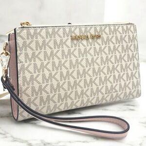 Michael Kors Large Jet Set Travel Double Zip Wallet Powder Blush Multi